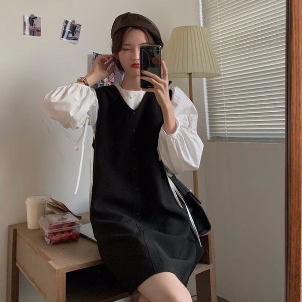 matakawa korean sweet suit woman o-neck lace long-sleeved shirt + loose v-neck vest dress two piece set women 210513, White
matakawa korean sweet suit woman o-neck lace long-sleeved shirt + loose v-neck vest dress two piece set women 210513, White