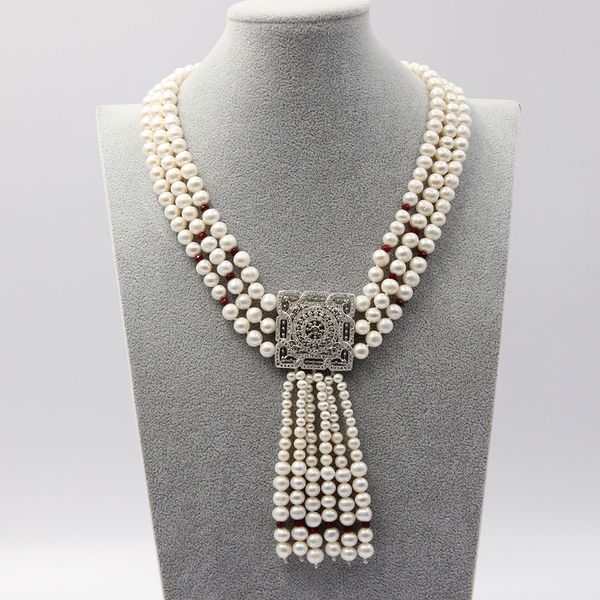guaiguai jewelry 3 strands natural cultured white pearl red jade necklace cz pave pendant handmade for women, Silver
guaiguai jewelry 3 strands natural cultured white pearl red jade necklace cz pave pendant handmade for women, Silver