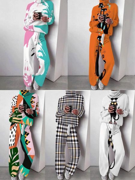 women's two piece pants printed two-piece set autumn and winter knitted wide leg, White
women's two piece pants printed two-piece set autumn and winter knitted wide leg, White