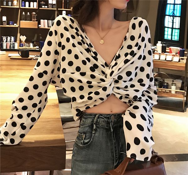 fashion retro twisted long-sleeved polka-dot shirt women spring and summer loose horizontal neck strapless short chiffon top, White
fashion retro twisted long-sleeved polka-dot shirt women spring and summer loose horizontal neck strapless short chiffon top, White