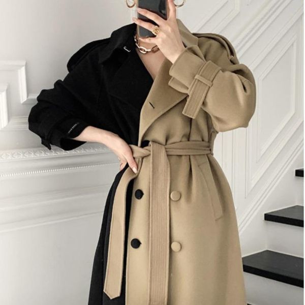 women's wool & blends contrast color oversized korean trench coats high fashion vintage outerwear with belt w120, Black
women's wool & blends contrast color oversized korean trench coats high fashion vintage outerwear with belt w120, Black