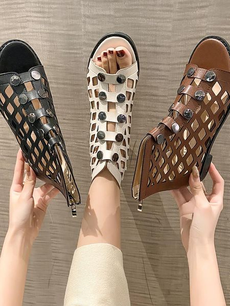 boots british style fashion hollow rivet temperament flat bottom ladies summer open toe short tube sandals., Black
boots british style fashion hollow rivet temperament flat bottom ladies summer open toe short tube sandals., Black