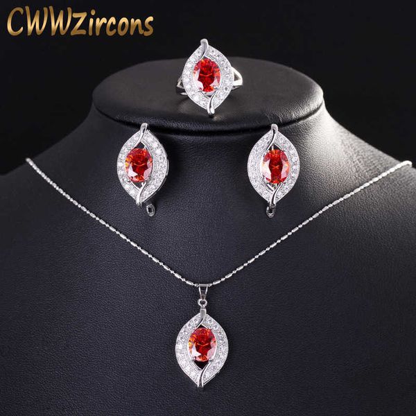 cubic zirconia red crystal leaf necklace earrings and ring sets jewelry for women christmas gift t192 210714, Silver 
cubic zirconia red crystal leaf necklace earrings and ring sets jewelry for women christmas gift t192 210714, Silver