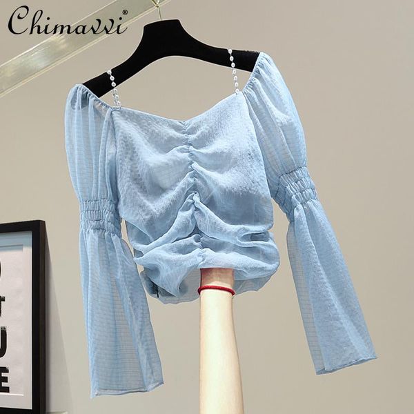 women's blouses & shirts pleated off-shoulder strap 2021 summer korean fashion loose slimming lace up shirt elegant slim chiffon b, White
women's blouses & shirts pleated off-shoulder strap 2021 summer korean fashion loose slimming lace up shirt elegant slim chiffon b, White