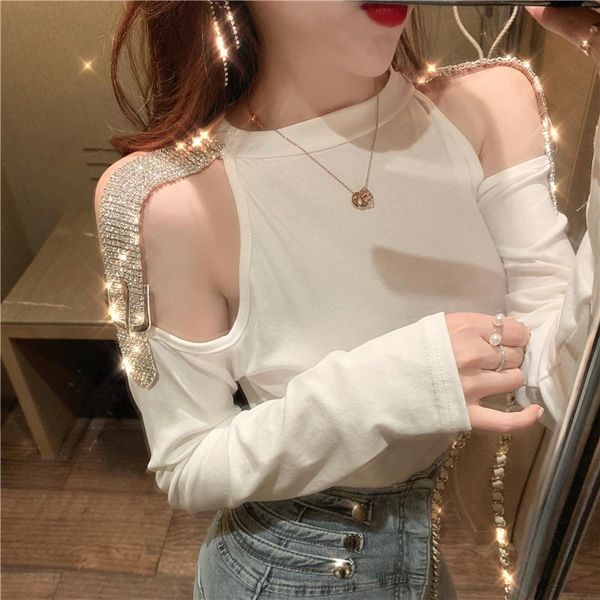 women's t-shirt fall winter korean style women fashion shiny hollow out chain diamonds dunayskiy stretchy cotton tees, White
women's t-shirt fall winter korean style women fashion shiny hollow out chain diamonds dunayskiy stretchy cotton tees, White