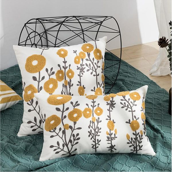 cushion/decorative pillow yellow flowers embroidery cushion cover cotton canvas home decor geometric 45x45cm /30x50cm grey sofa sham