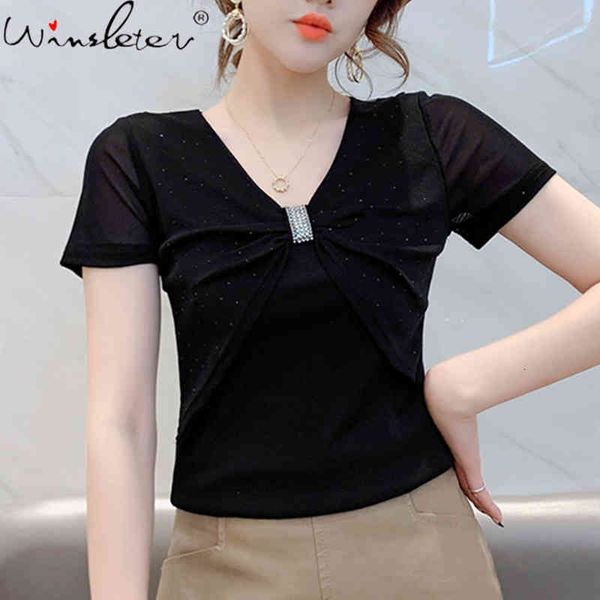 women's t-shirt summer korean style mesh girls fashion v-neck fold shiny women short sleeve patchwork back tees 2021 t12, White
women's t-shirt summer korean style mesh girls fashion v-neck fold shiny women short sleeve patchwork back tees 2021 t12, White