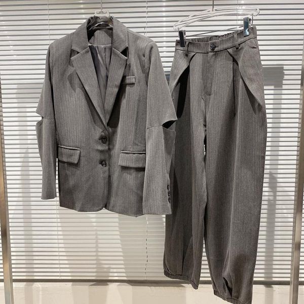 same dark vertical stripes of fund hollow sleeve jackets elastic waist wide legged pants suit women's two piece, White
same dark vertical stripes of fund hollow sleeve jackets elastic waist wide legged pants suit women's two piece, White