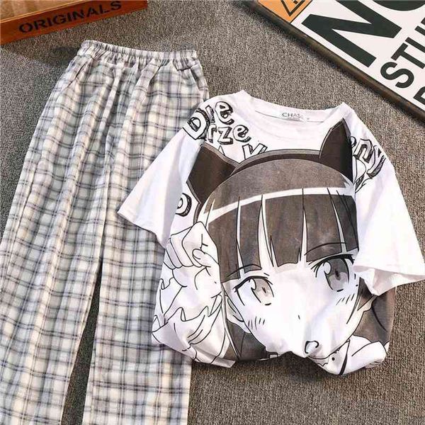 Comic Print Cartoon Two Piece Short Sleeved T Shirt Womens Casual Loose Plaid Wide Leg Pants Casual Two-piece Womens Clothing, White
Comic Print Cartoon Two Piece Short Sleeved T Shirt Womens Casual Loose Plaid Wide Leg Pants Casual Two-piece Womens Clothing, White