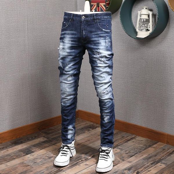 men's jeans european streetwear fashion men retro dark blue slim fit ripped painted designer denim punk pants
men's jeans european streetwear fashion men retro dark blue slim fit ripped painted designer denim punk pants