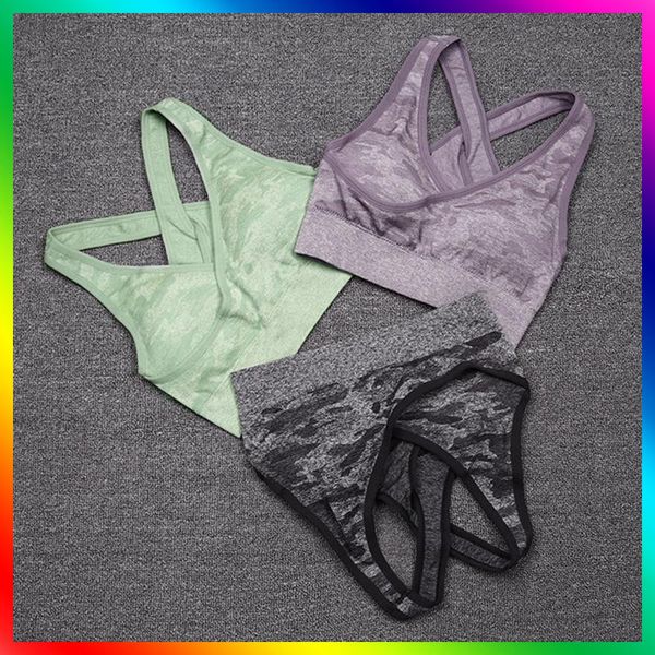 women camo seamless bra sports padded push up high impact yoga shirt outfit
