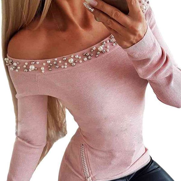 women autumn t-shirt elegant fashion pearl decorated slash neck full length regular sleeve solid color 210522, White
women autumn t-shirt elegant fashion pearl decorated slash neck full length regular sleeve solid color 210522, White