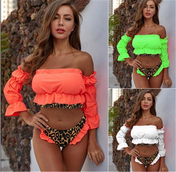 women's swimwear women off shoulder ruffle long sleeve bandeau + high cut leopard bottom bikini 2 piece swimsuit bathing suit, White;black
women's swimwear women off shoulder ruffle long sleeve bandeau + high cut leopard bottom bikini 2 piece swimsuit bathing suit, White;black