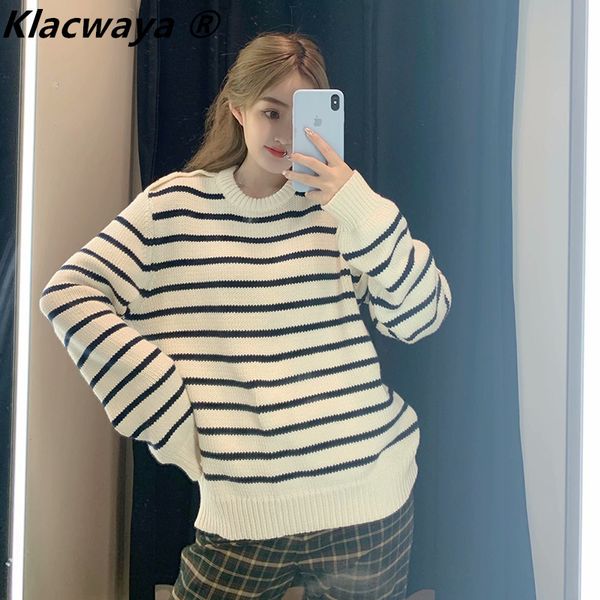 women button crew neck knit sweater striped long sleeve loose pullover vintage harajuku casual knitting spring 210521, White;black
women button crew neck knit sweater striped long sleeve loose pullover vintage harajuku casual knitting spring 210521, White;black