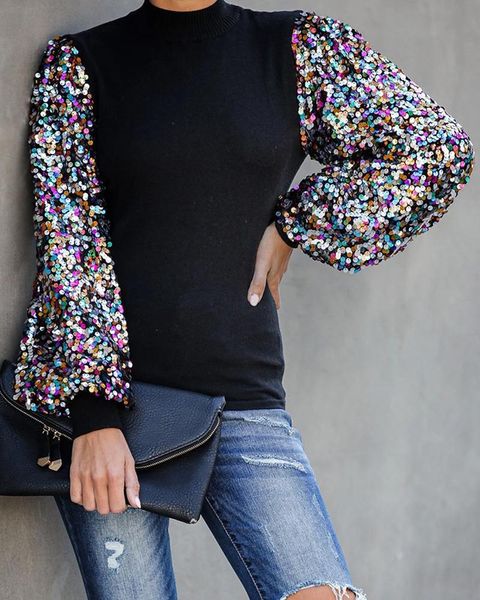 women's blouses & shirts turtleneck neck lantern sleeve sequins colorblock insert blouse, White