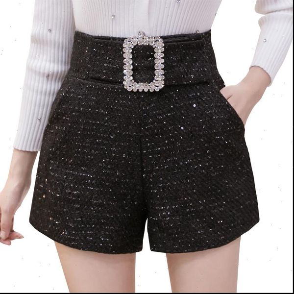 fashion tweed women short shorts for autumn winter sequins black diamonds belt high waist wide leg femme, White;black
fashion tweed women short shorts for autumn winter sequins black diamonds belt high waist wide leg femme, White;black