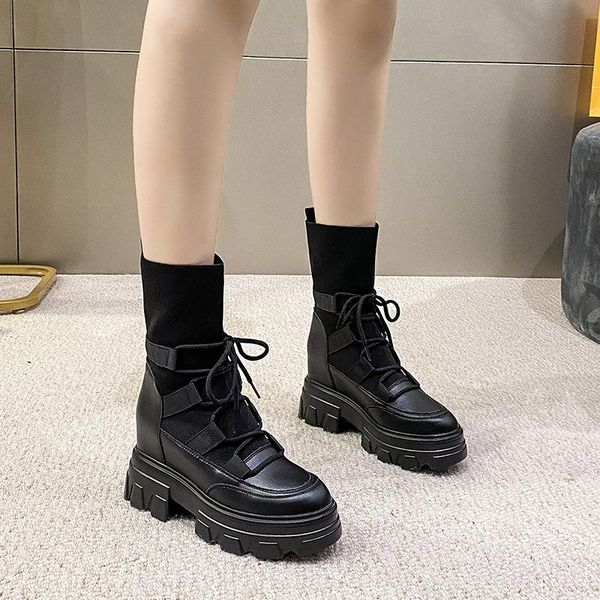boots hidden heels chunky platform women patchwork elastic knitting pu leather ankle woman lace up sock booties, Black
boots hidden heels chunky platform women patchwork elastic knitting pu leather ankle woman lace up sock booties, Black