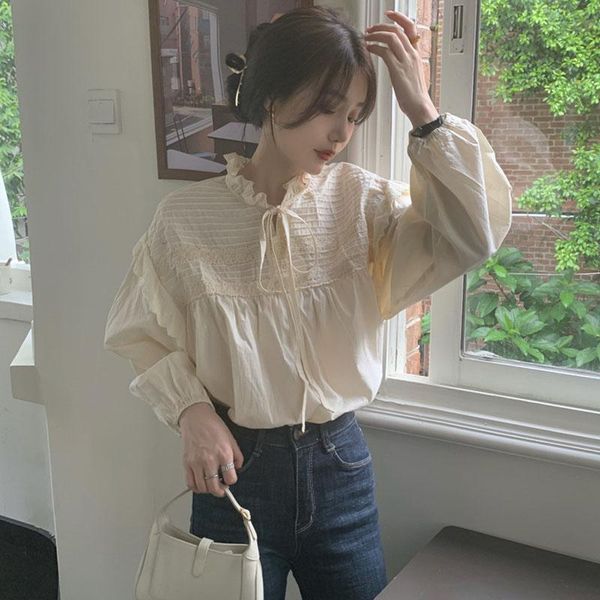women's blouses & shirts autumn 2021 korean chic temperament solid blouse women stand collar lace-up puff sleeve elegant ol blusa muj, White
women's blouses & shirts autumn 2021 korean chic temperament solid blouse women stand collar lace-up puff sleeve elegant ol blusa muj, White