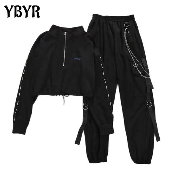 women's cargo pants two piece sets harajuku t shirt buckle ribbon pocket jogger elastic waist pant chain streetwear females 211115, Black;white
women's cargo pants two piece sets harajuku t shirt buckle ribbon pocket jogger elastic waist pant chain streetwear females 211115, Black;white