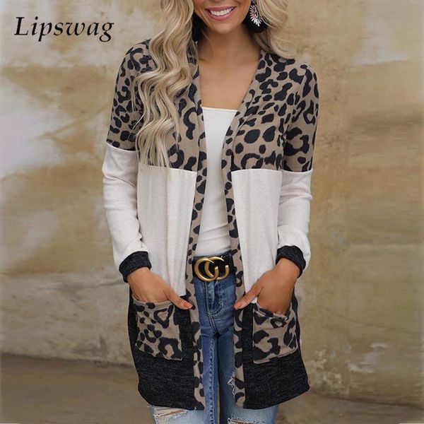 women's jackets elegant v-neck pocket long sleeved cloak autumn women leopard print stitching knitted cardigan loose mid-length harajuk, Black;brown