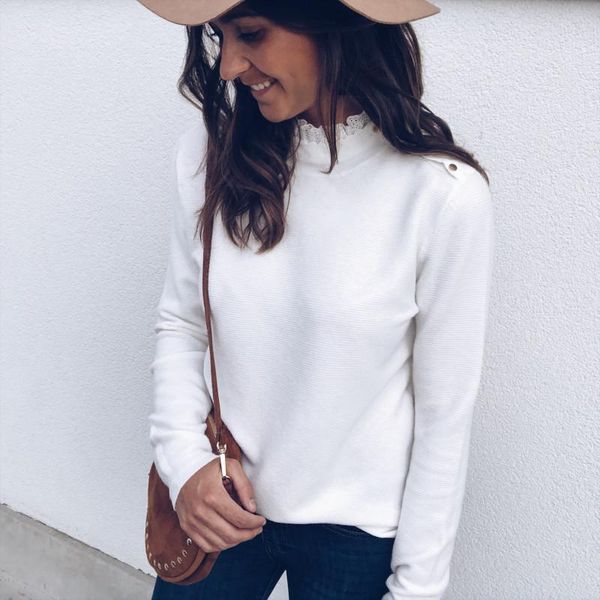 autumn fashion solid blouse women knitted lace high neck button long sleeve pullover female ladies tunics women's blouses & shirts, White
autumn fashion solid blouse women knitted lace high neck button long sleeve pullover female ladies tunics women's blouses & shirts, White