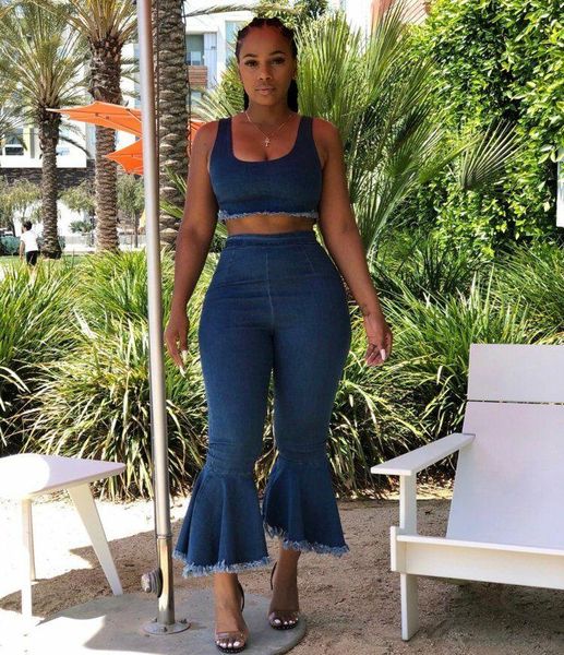 women's two piece pants adogirl plus size s -3xl jeans set zipper closure cropped tank flare foot cut trousers women denim outfits, White
women's two piece pants adogirl plus size s -3xl jeans set zipper closure cropped tank flare foot cut trousers women denim outfits, White