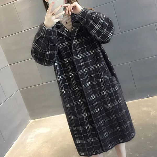 women's knits & tees mink cashmere mid-length plaid jacket women korean loose knitted notched collar coat fall winter warm soft sweater, White
women's knits & tees mink cashmere mid-length plaid jacket women korean loose knitted notched collar coat fall winter warm soft sweater, White