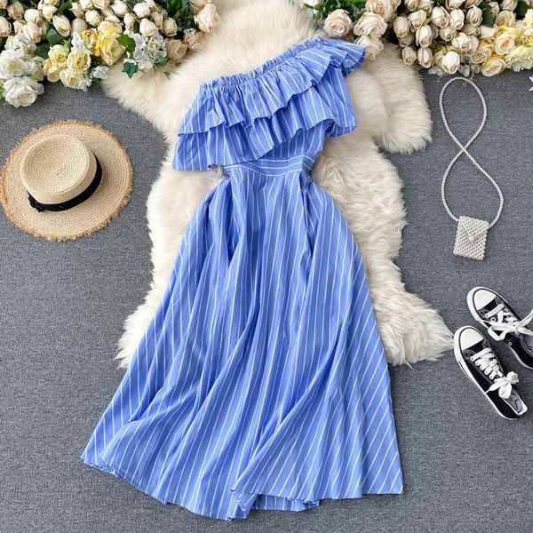summer clothes woman 2021 fashion design slant collar off-shoulder ruffled waist thin vintage striped dress casual dresses, Black;gray
summer clothes woman 2021 fashion design slant collar off-shoulder ruffled waist thin vintage striped dress casual dresses, Black;gray