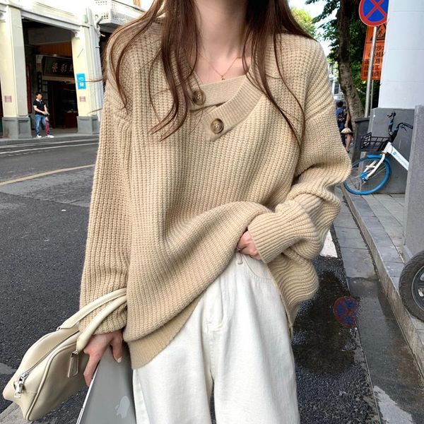 women's sweaters lazy wind thicken autumn winter buttons v-neck knitted korean 2021 solid pullover knitwear women long sleeve, White;black
women's sweaters lazy wind thicken autumn winter buttons v-neck knitted korean 2021 solid pullover knitwear women long sleeve, White;black