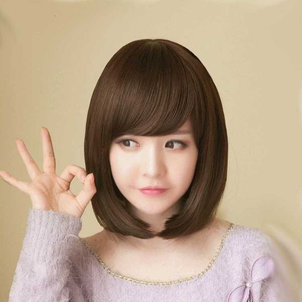 wig female short straight hair slanting bangs bobo button natural pear flower head wig set, Black
wig female short straight hair slanting bangs bobo button natural pear flower head wig set, Black
