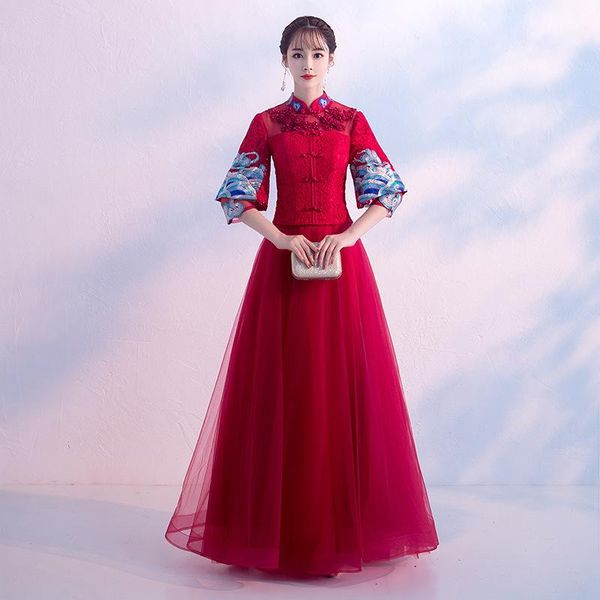 mandarin collar evening dress burgundy long tulle elegant appliques beading formal wedding toast clothing ethnic, Red
mandarin collar evening dress burgundy long tulle elegant appliques beading formal wedding toast clothing ethnic, Red