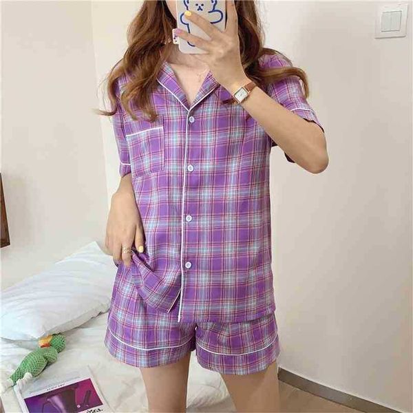 summer casual plaid cotton pajamas two piece suits soft stylish sleepwear women home chic loose sets 210525, Black;red
summer casual plaid cotton pajamas two piece suits soft stylish sleepwear women home chic loose sets 210525, Black;red