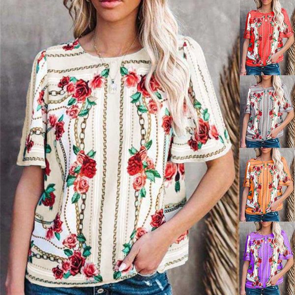 women's t-shirt summer round neck short sleeve women printed large size blouse elegant floral print camiseta de mujer, White
women's t-shirt summer round neck short sleeve women printed large size blouse elegant floral print camiseta de mujer, White