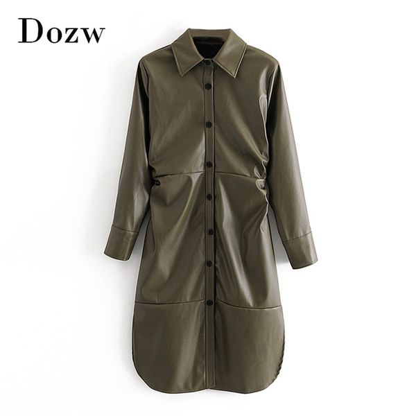 army green color shirt dress women long sleeve pu leather pleated split office knee length autumn spring 210515, Black;gray
army green color shirt dress women long sleeve pu leather pleated split office knee length autumn spring 210515, Black;gray
