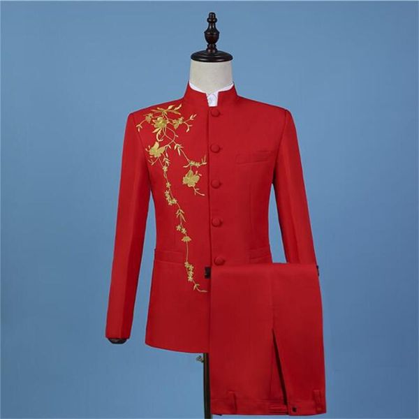 men's suits & blazers embroidered blazer men groom suit set with pants mens chinese tunic tang singer stage clothing formal dress stand, White;black
men's suits & blazers embroidered blazer men groom suit set with pants mens chinese tunic tang singer stage clothing formal dress stand, White;black