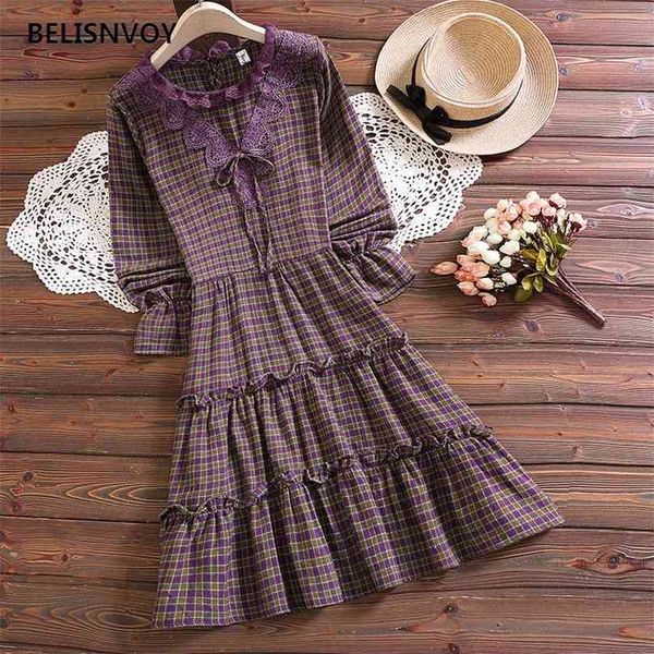 japanese mori girl sweet women dress elegant long sleeve retro purple plaid vestidos female vintage lace ruffles 210520, Black;gray
japanese mori girl sweet women dress elegant long sleeve retro purple plaid vestidos female vintage lace ruffles 210520, Black;gray