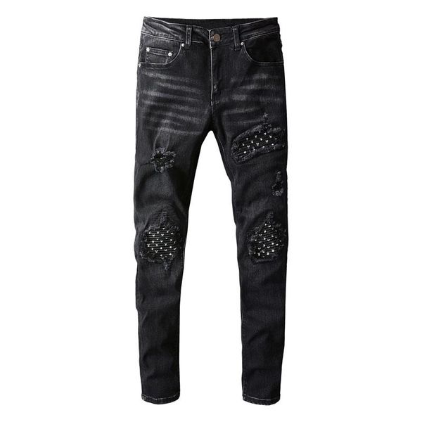 men's jeans american street style fashion men black color elastic slim fit ripped patches designer hip hop denim hole pants, Blue
men's jeans american street style fashion men black color elastic slim fit ripped patches designer hip hop denim hole pants, Blue