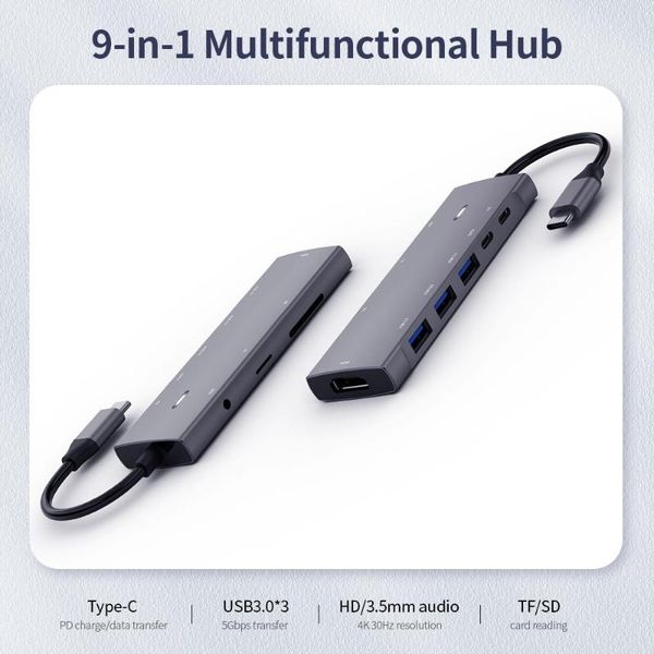 hubs 9-in-1 multifunctional usb hub type-c to 4k hd pd charge/data transfer/usb3.0/sd tf card/hd/3.5mm audio
hubs 9-in-1 multifunctional usb hub type-c to 4k hd pd charge/data transfer/usb3.0/sd tf card/hd/3.5mm audio