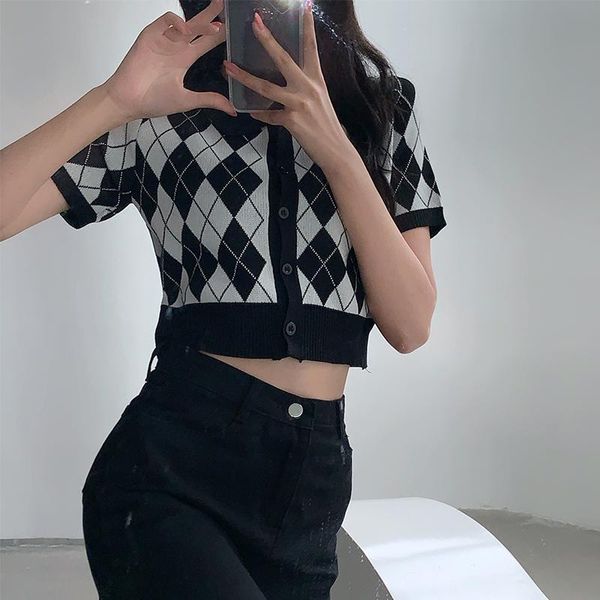 women's t-shirt 2021 summer korean slim thin single-breasted women american retro girl collar plaid knitted cardigan cropped, White
women's t-shirt 2021 summer korean slim thin single-breasted women american retro girl collar plaid knitted cardigan cropped, White