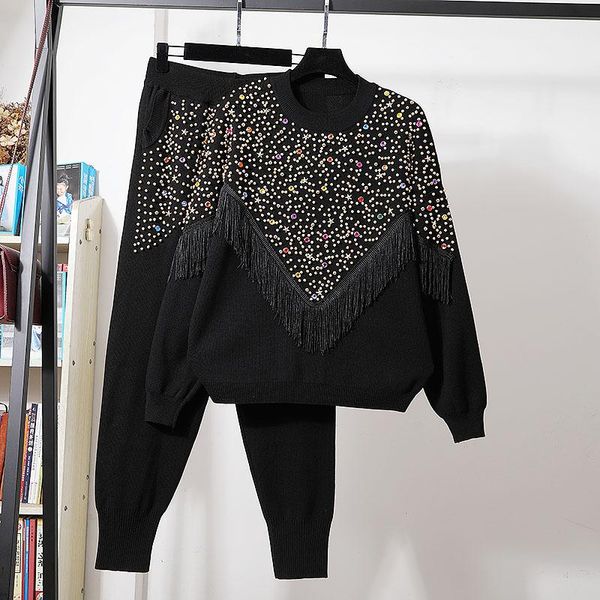 knitted suit women two piece set rhinestone loose plus size female knitwear sweater tassel stylish loungewear co ord 2 women's pants, White
knitted suit women two piece set rhinestone loose plus size female knitwear sweater tassel stylish loungewear co ord 2 women's pants, White