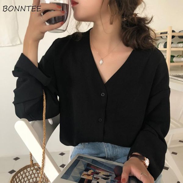 women's blouses & shirts women 2021 elegant temperament solid v-neck womens chiffon blouse korean style cotton school students loose fe, White 
women's blouses & shirts women 2021 elegant temperament solid v-neck womens chiffon blouse korean style cotton school students loose fe, White