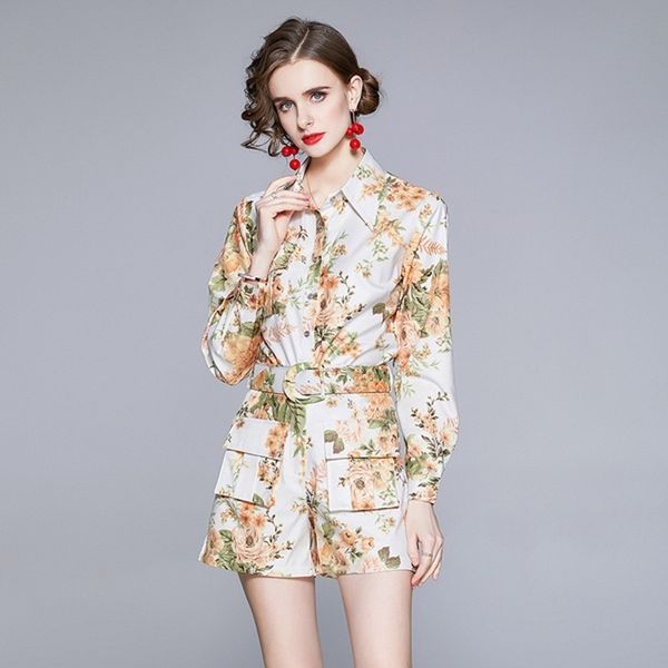 summer fashion runway 2 piece set's long sleeve flower print shirt + pocket belted shorts 210531, White
summer fashion runway 2 piece set's long sleeve flower print shirt + pocket belted shorts 210531, White