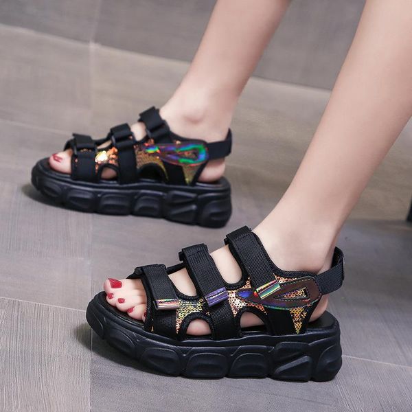 dress shoes sandals women 2021 summer style korean thick-soled platform flat casual soft-soled women's, Black 
dress shoes sandals women 2021 summer style korean thick-soled platform flat casual soft-soled women's, Black