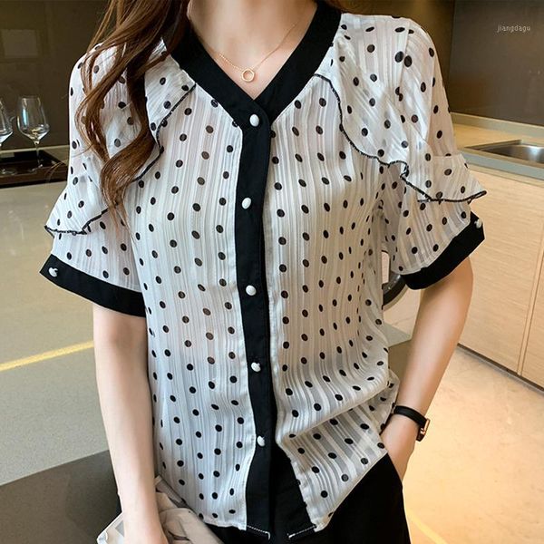 women's blouses & shirts v-neck ruffles chiffon polka dot short sleeve button women 2021 office summer woman clothes chemisier femme, White
women's blouses & shirts v-neck ruffles chiffon polka dot short sleeve button women 2021 office summer woman clothes chemisier femme, White