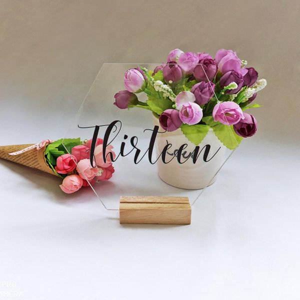 party decoration hexagon acrylic wedding table number with wood holder wreath sign modern decor
party decoration hexagon acrylic wedding table number with wood holder wreath sign modern decor