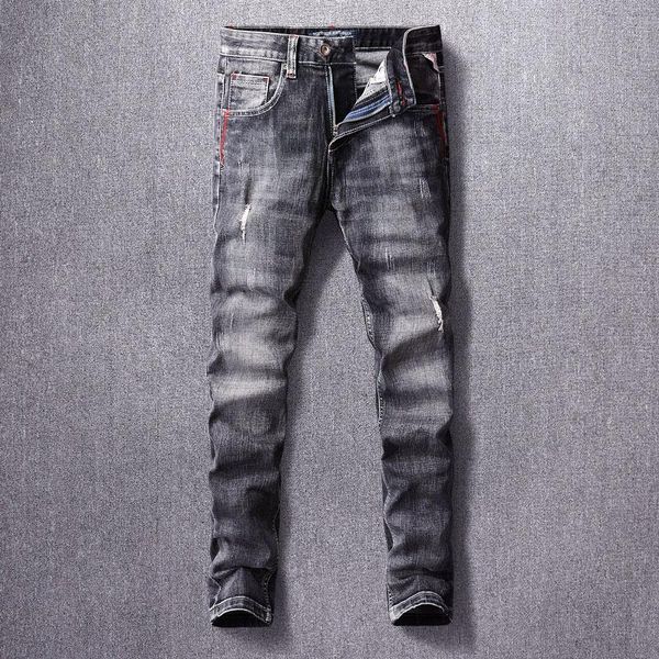 men's jeans ly vintage fashion men retro black gray elastic slim fit ripped frayed hole designer casual denim pants, Blue
men's jeans ly vintage fashion men retro black gray elastic slim fit ripped frayed hole designer casual denim pants, Blue