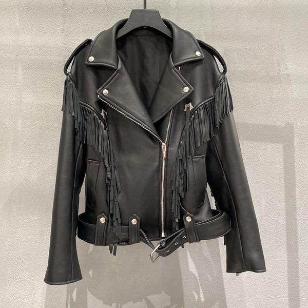 women's leather & faux women coats genuine sheepskin jackets with tassels female natural lamb outwear motorcycle jacket, Black
women's leather & faux women coats genuine sheepskin jackets with tassels female natural lamb outwear motorcycle jacket, Black