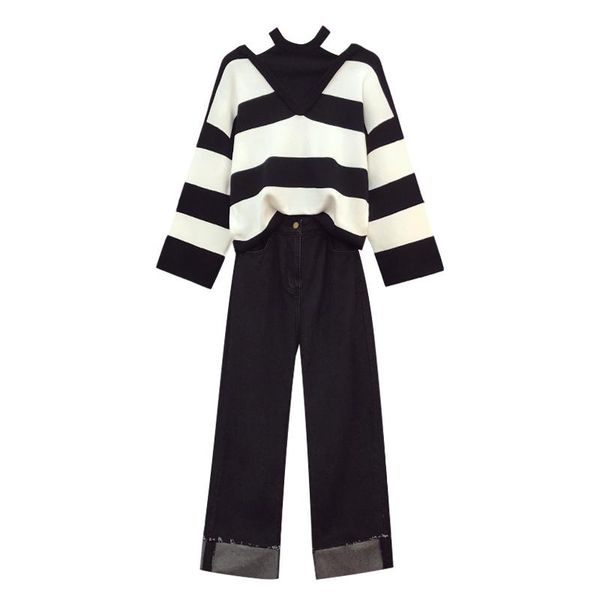 women's two piece pants knitted 2 pieces women sets winter 2021 off-shoulder striped loose sweater pullovers and wide leg jean female c, White 
women's two piece pants knitted 2 pieces women sets winter 2021 off-shoulder striped loose sweater pullovers and wide leg jean female c, White