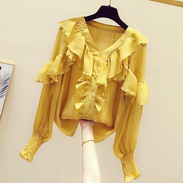 autumn all-match solid color female blouses ruffles v-neck long sleeve chiffon shirts single breasted casual women's &, White
autumn all-match solid color female blouses ruffles v-neck long sleeve chiffon shirts single breasted casual women's &, White