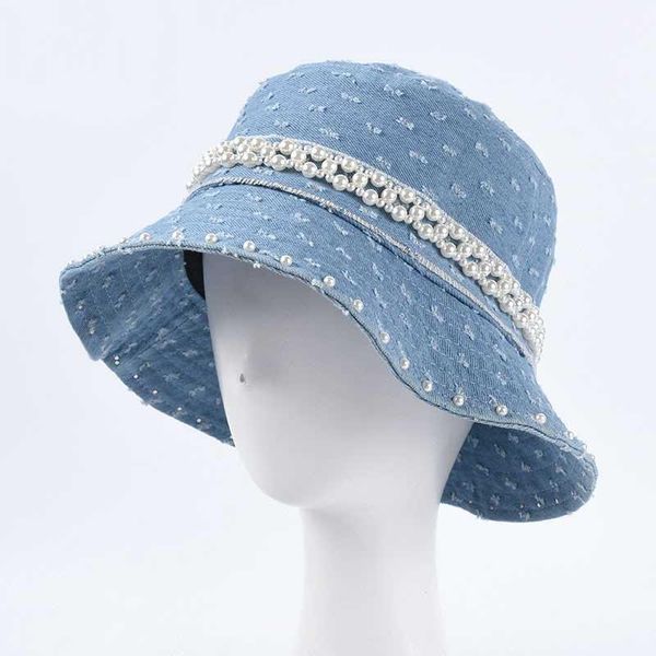 fibonacci women bucket hats washed denim sunscreen sun cap hole pearl decoration lady fisherman hat wide brim, Blue;gray 
fibonacci women bucket hats washed denim sunscreen sun cap hole pearl decoration lady fisherman hat wide brim, Blue;gray